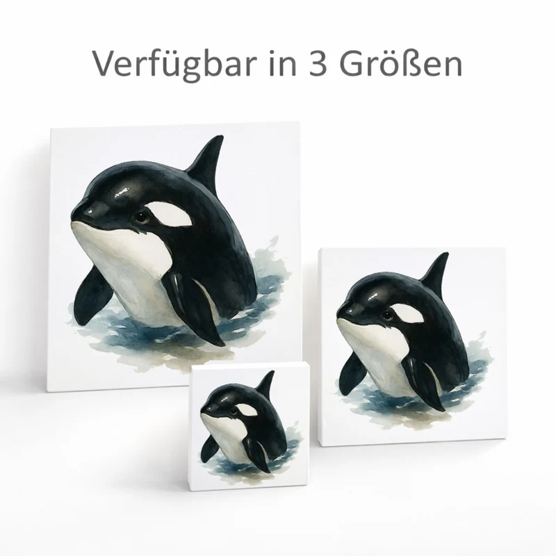 Wasserleben Orca Aquarell Holzbild in 10x10 cm zum Stellen oder Aufhängen