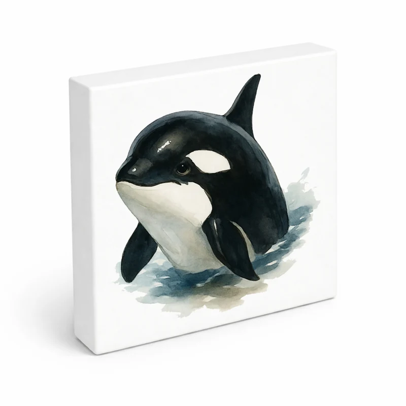 Wasserleben Orca Aquarell Holzbild in 10x10 cm zum Stellen oder Aufhängen