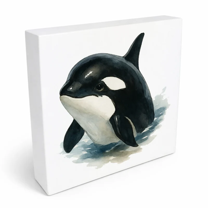 Wasserleben Orca Aquarell Holzbild in 10x10 cm zum Stellen oder Aufhängen