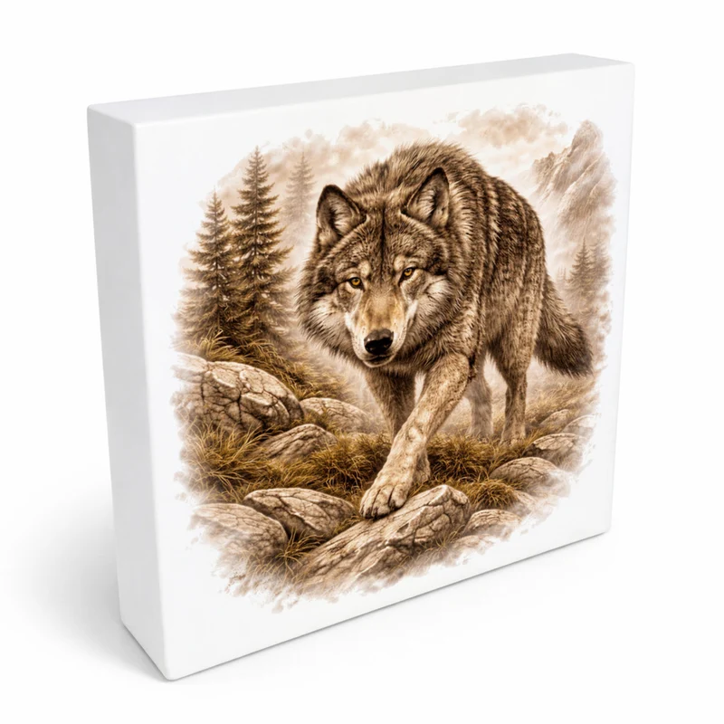Wolfsmagie Wolf in Bergen Holzbild in 10x10 cm zum Stellen oder Aufhängen