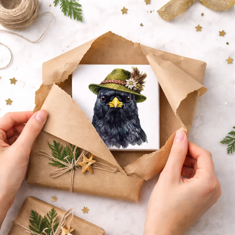 Trachtenhut Feder-Tiere Alpendohle Holzbild in 10x10 cm zum Stellen oder Aufhängen