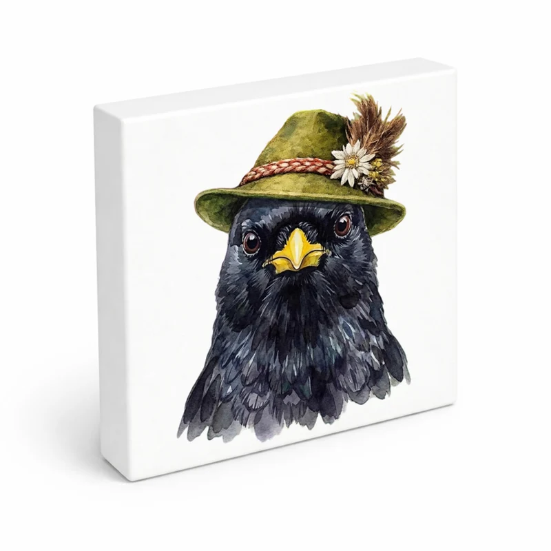 Trachtenhut Feder-Tiere Alpendohle Holzbild in 10x10 cm zum Stellen oder Aufhängen