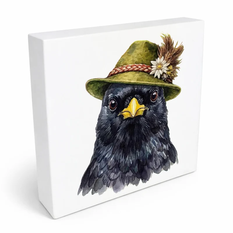 Trachtenhut Feder-Tiere Alpendohle Holzbild in 10x10 cm zum Stellen oder Aufhängen