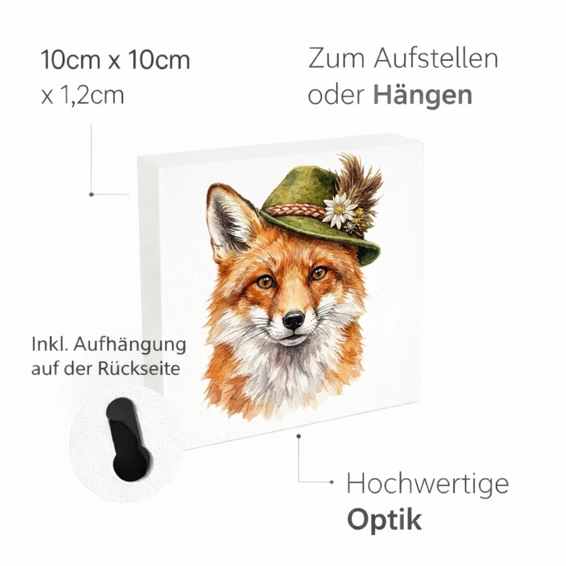 Trachtenhut Wald-Tiere Fuchs Holzbild in 10x10 cm zum Stellen oder Aufhängen