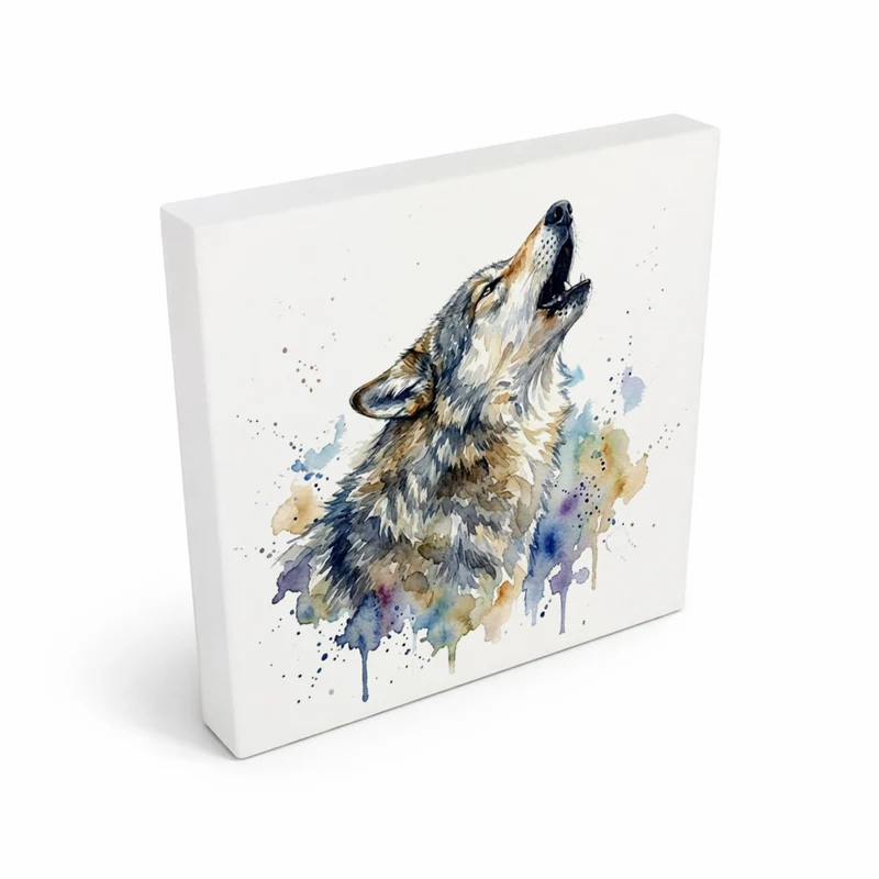 Wolfsrudel Heulender Wolf Holzbild in 10x10 cm zum Stellen oder Aufhängen
