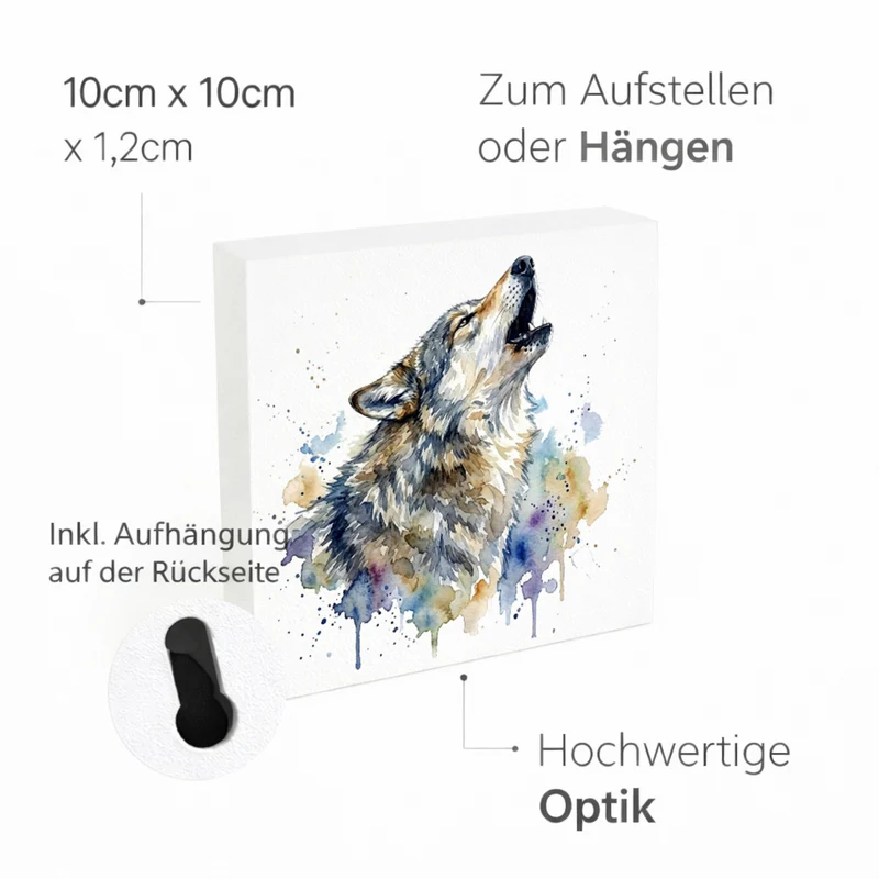 Wolfsrudel Heulender Wolf Holzbild in 10x10 cm zum Stellen oder Aufhängen