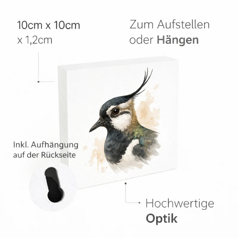 Vogelparade Kiebitz Porträt Holzbild in 10x10 cm zum Stellen oder Aufhängen