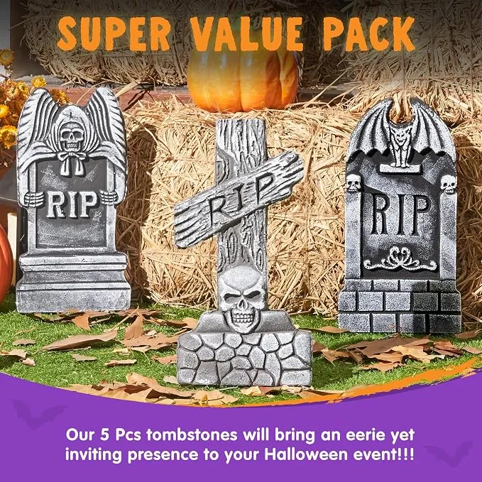 JOYIN 5 PCS 17" Halloween Tombstones - Graveyard Yard Decoration