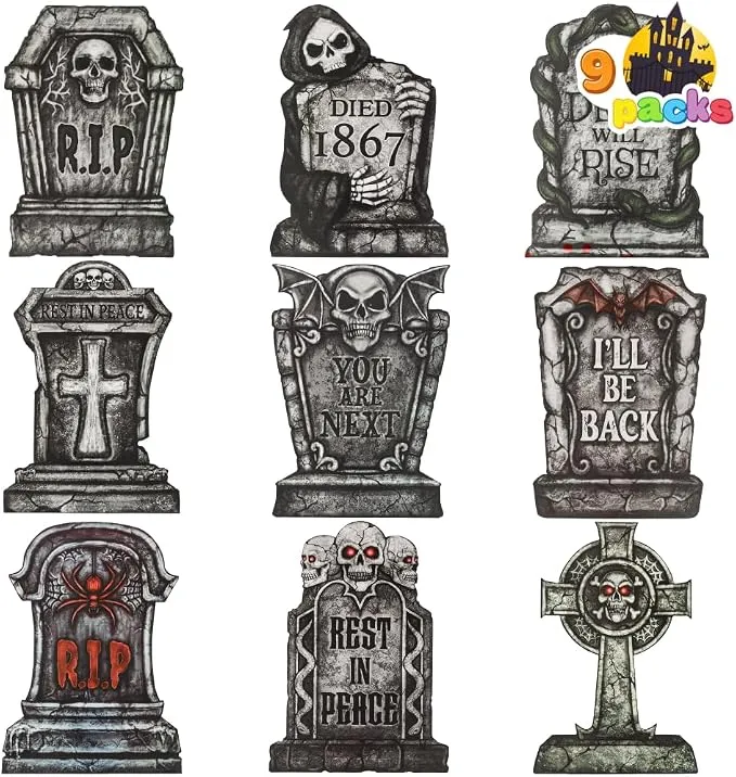 JOYIN 9 PCS Halloween Tombstones - 16" Graveyard Yard Decoration