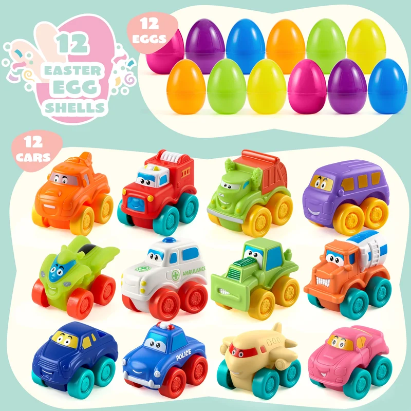 JOYIN 12 Pcs Easter Eggs with Rubber Cars