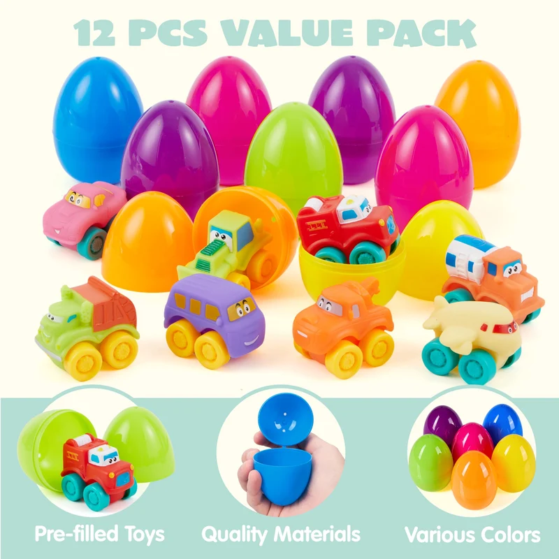 JOYIN 12 Pcs Easter Eggs with Rubber Cars