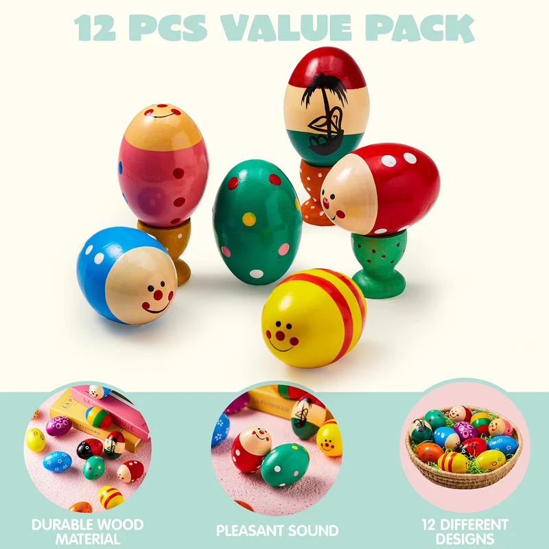 12 Pcs Wooden Egg Shakers Maracas for Party & Classroom