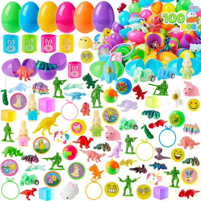 100 Pcs Prefilled Easter Eggs with Assorted Toys for Easter Hunt, Basket Stuffers & Classroom Prizes