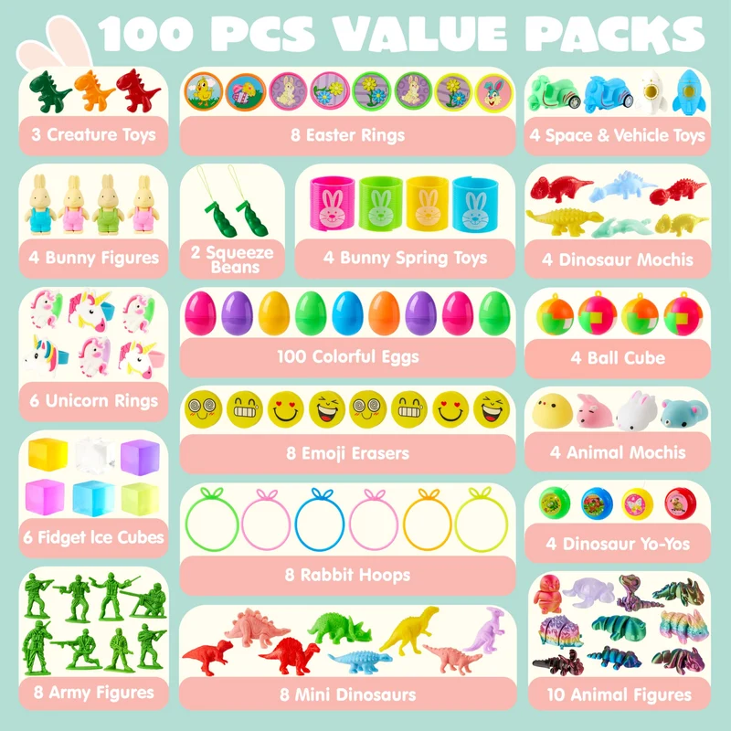 100 Pcs Prefilled Easter Eggs with Assorted Toys for Easter Hunt, Basket Stuffers & Classroom Prizes