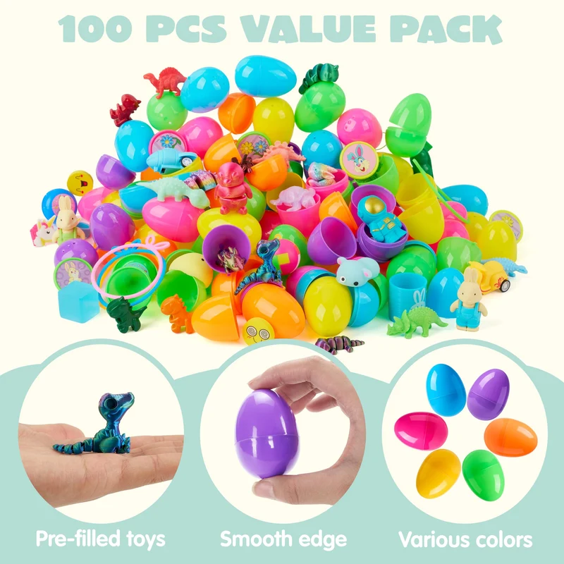 100 Pcs Prefilled Easter Eggs with Assorted Toys for Easter Hunt, Basket Stuffers & Classroom Prizes