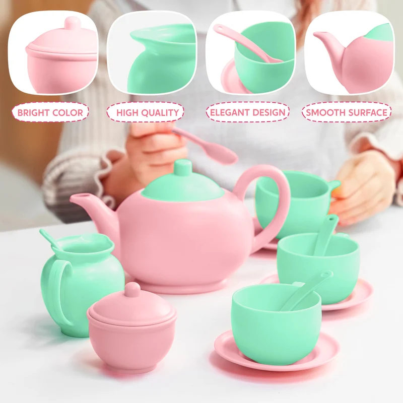 18PCS Pretend Tea Party Set - Baby Pink Teapot