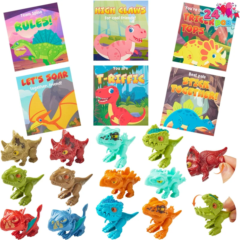 24 Pcs Valentine's Day Cards with Dinosaur Toys