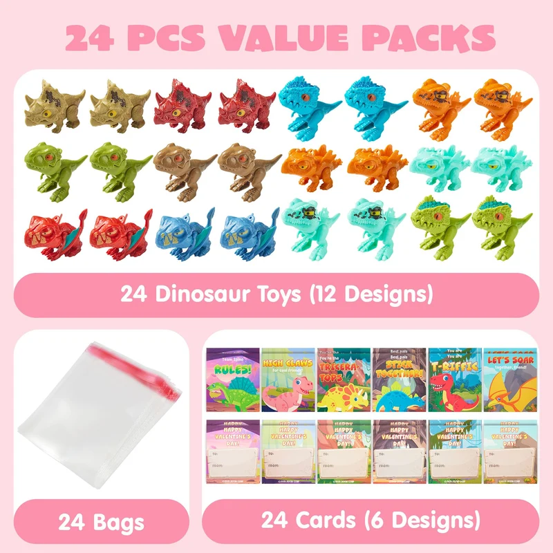 24 Pcs Valentine's Day Cards with Dinosaur Toys