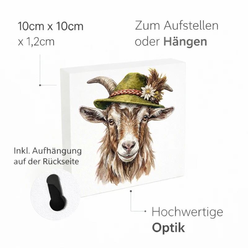Trachtenhut Alm-Tiere Ziegen Holzbild in 10x10 cm zum Stellen oder Aufhängen