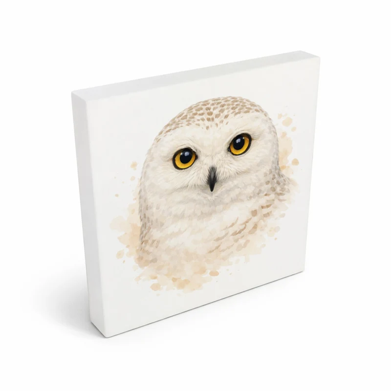 Schneeeulenzauber Schneeeulen Portrait Holzbild in 10x10 cm zum Stellen oder Aufhängen