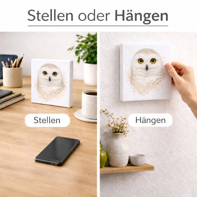 Schneeeulenzauber Schneeeulen Portrait Holzbild in 10x10 cm zum Stellen oder Aufhängen