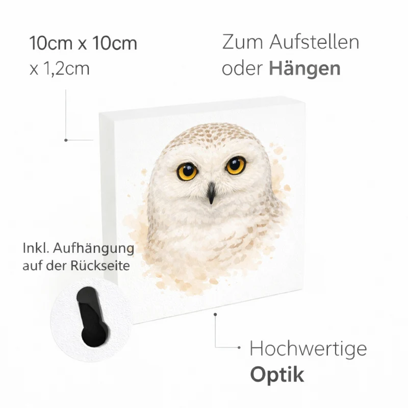 Schneeeulenzauber Schneeeulen Portrait Holzbild in 10x10 cm zum Stellen oder Aufhängen