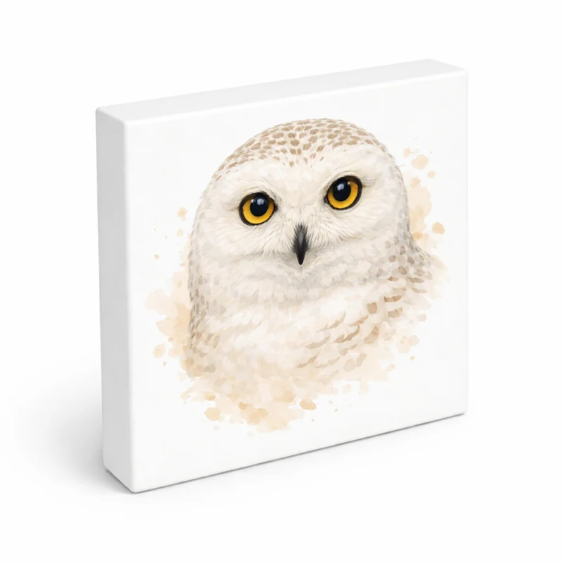 Schneeeulenzauber Schneeeulen Portrait Holzbild in 10x10 cm zum Stellen oder Aufhängen