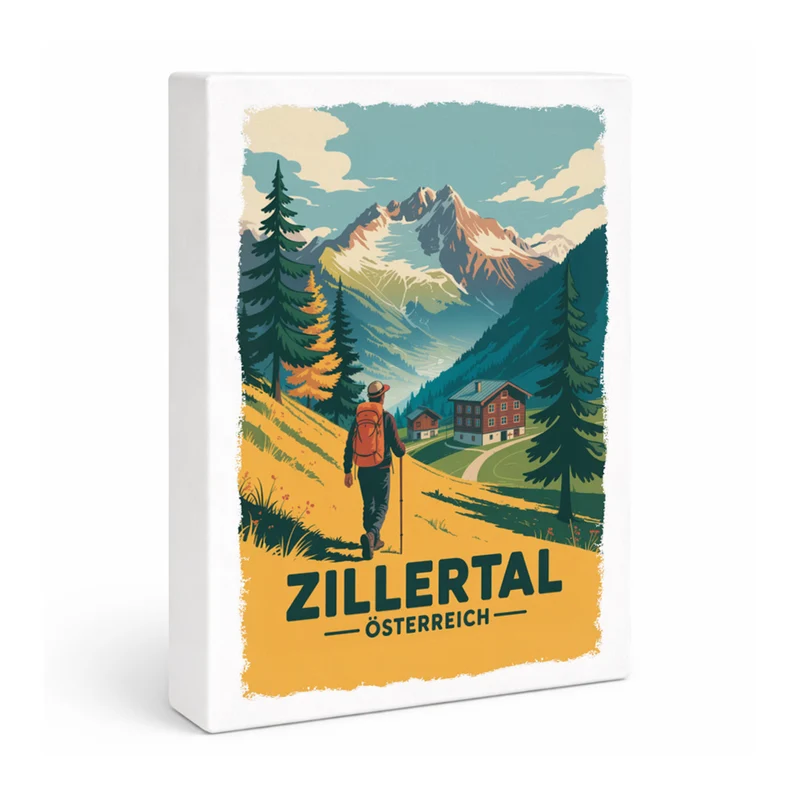 Vintage Zillertal Holzbild in 20x15 cm zum Stellen oder Aufhängen mit Wanderer
