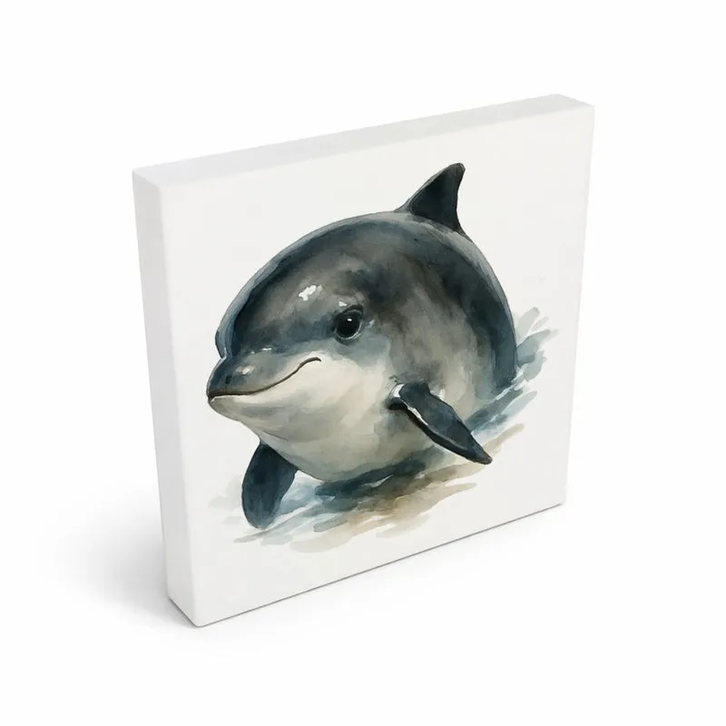 Wasserleben Delfin Aquarell Holzbild in 10x10 cm zum Stellen oder Aufhängen