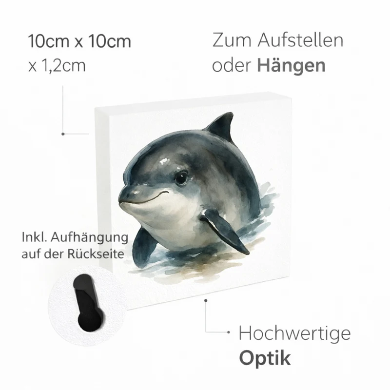 Wasserleben Delfin Aquarell Holzbild in 10x10 cm zum Stellen oder Aufhängen