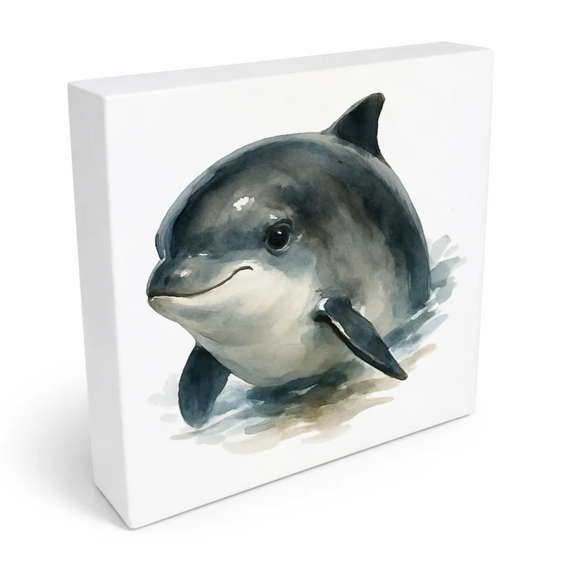 Wasserleben Delfin Aquarell Holzbild in 10x10 cm zum Stellen oder Aufhängen