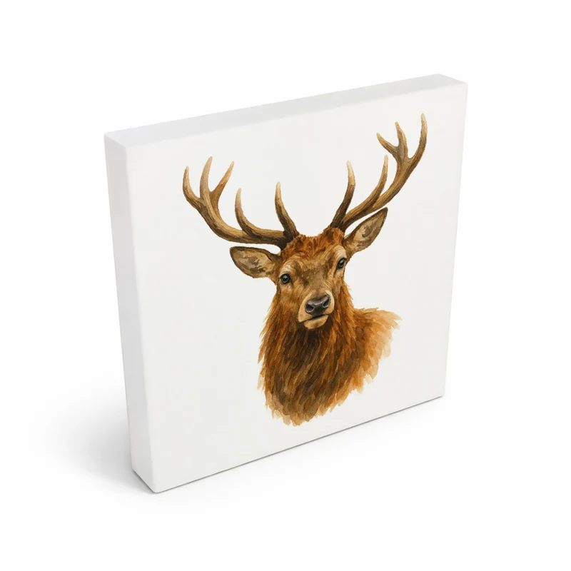 Tiere des Waldes Hirschkopf Aquarell Holzbild in 10x10 cm zum Stellen oder Aufhängen