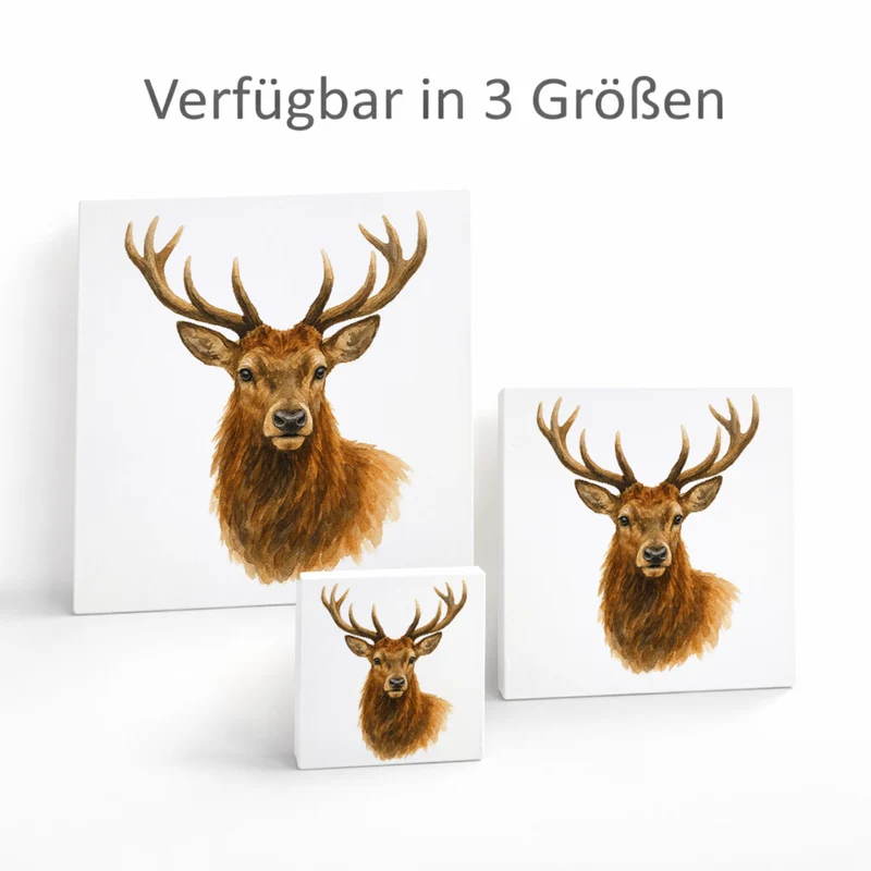 Tiere des Waldes Hirschkopf Aquarell Holzbild in 10x10 cm zum Stellen oder Aufhängen