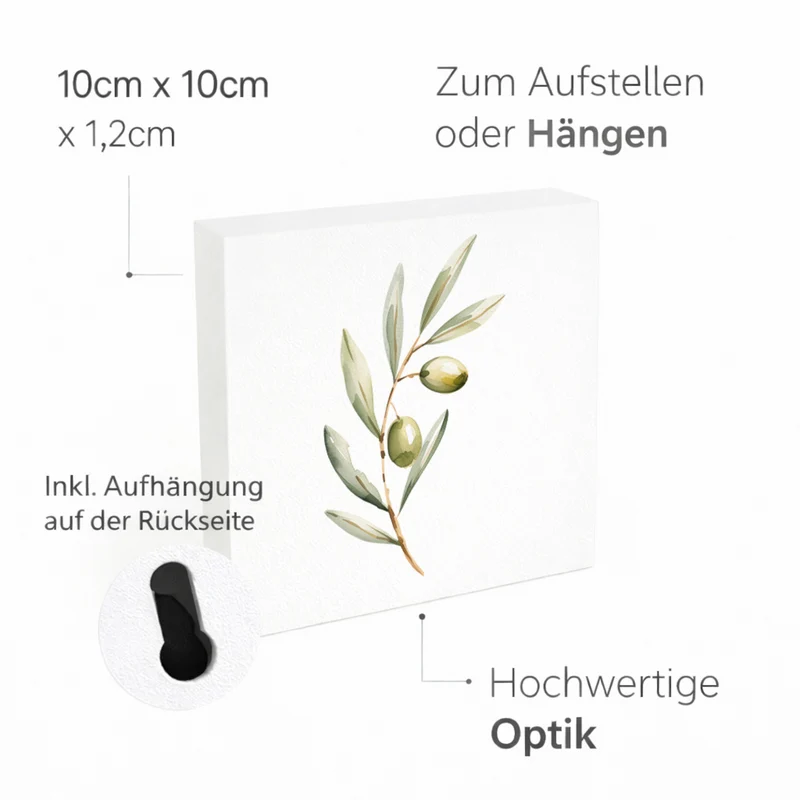 Mediterrane Schätze Olivenzweig Holzbild in 10x10 cm zum Stellen oder Aufhängen