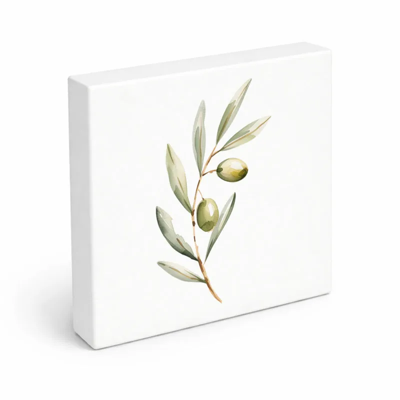 Mediterrane Schätze Olivenzweig Holzbild in 10x10 cm zum Stellen oder Aufhängen