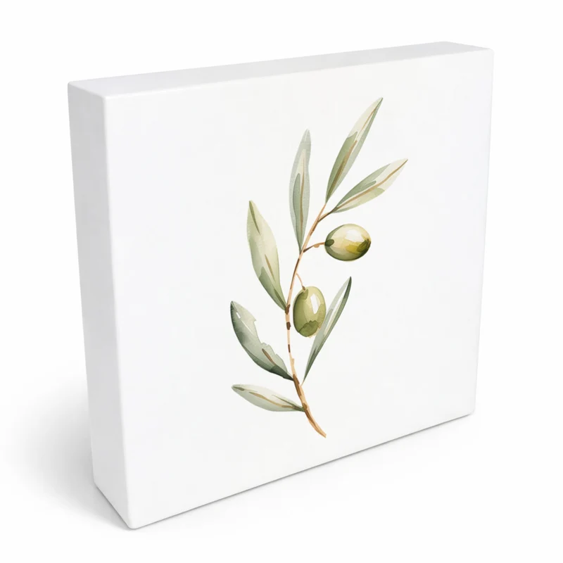 Mediterrane Schätze Olivenzweig Holzbild in 10x10 cm zum Stellen oder Aufhängen