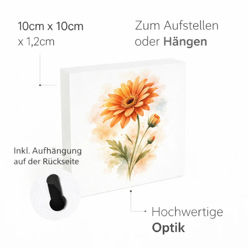 Blumen Freude Orange Gerbera Holzbild in 10x10 cm zum Stellen oder Aufhängen