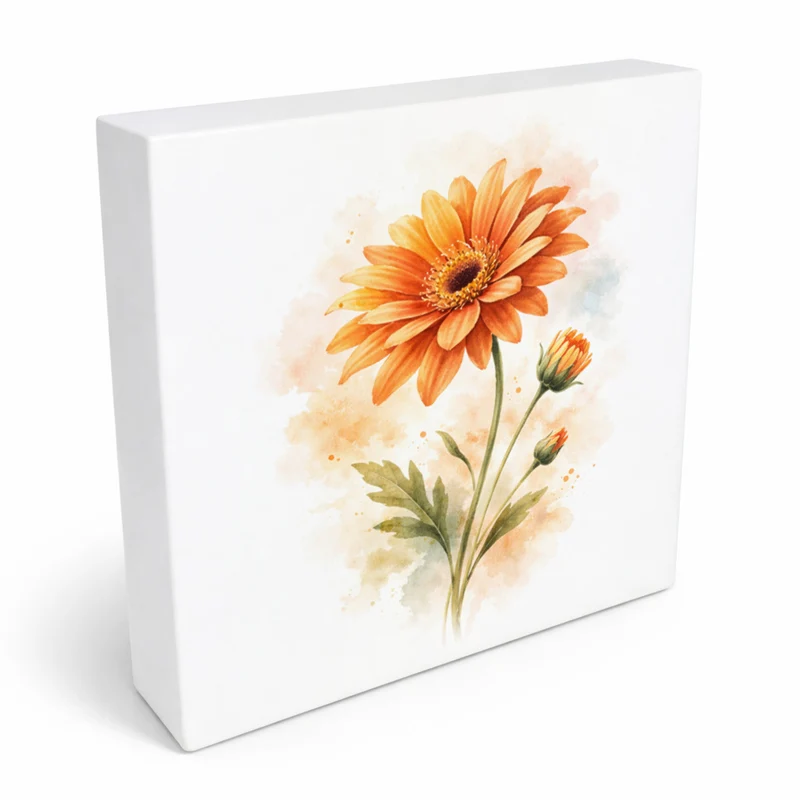 Blumen Freude Orange Gerbera Holzbild in 10x10 cm zum Stellen oder Aufhängen