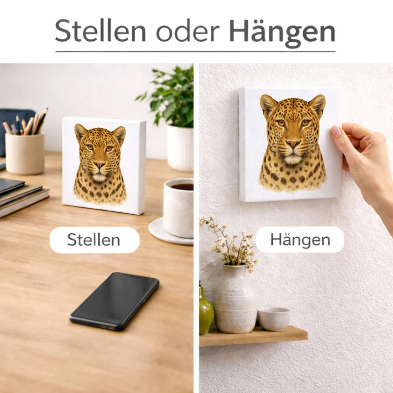 Raubtierblick Leopardenkopf Holzbild in 10x10 cm zum Stellen oder Aufhängen
