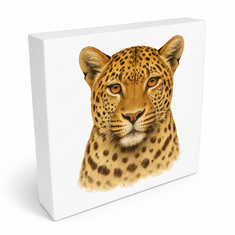 Raubtierblick Leopardenkopf Holzbild in 10x10 cm zum Stellen oder Aufhängen