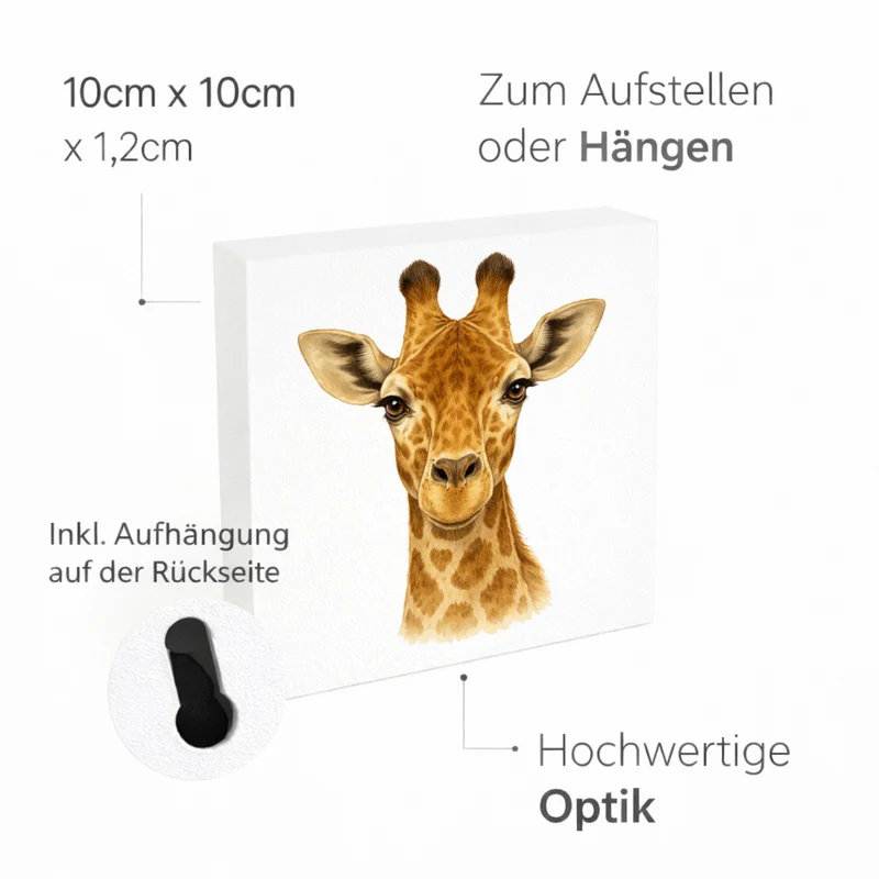 Tierische Eleganz Giraffenportrait Holzbild in 10x10 cm zum Stellen oder Aufhängen