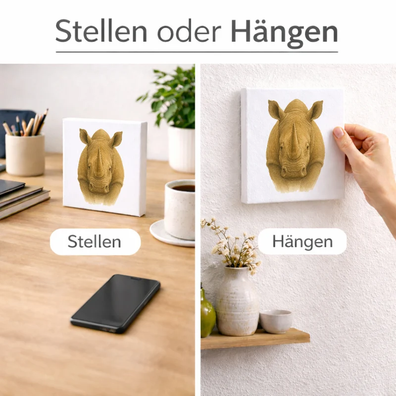 Safari Eleganz Nashorn Kopf Holzbild in 10x10 cm zum Stellen oder Aufhängen