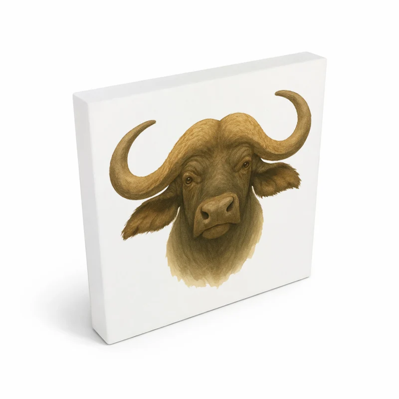 Safari Eleganz Büffelkopf Holzbild in 10x10 cm zum Stellen oder Aufhängen