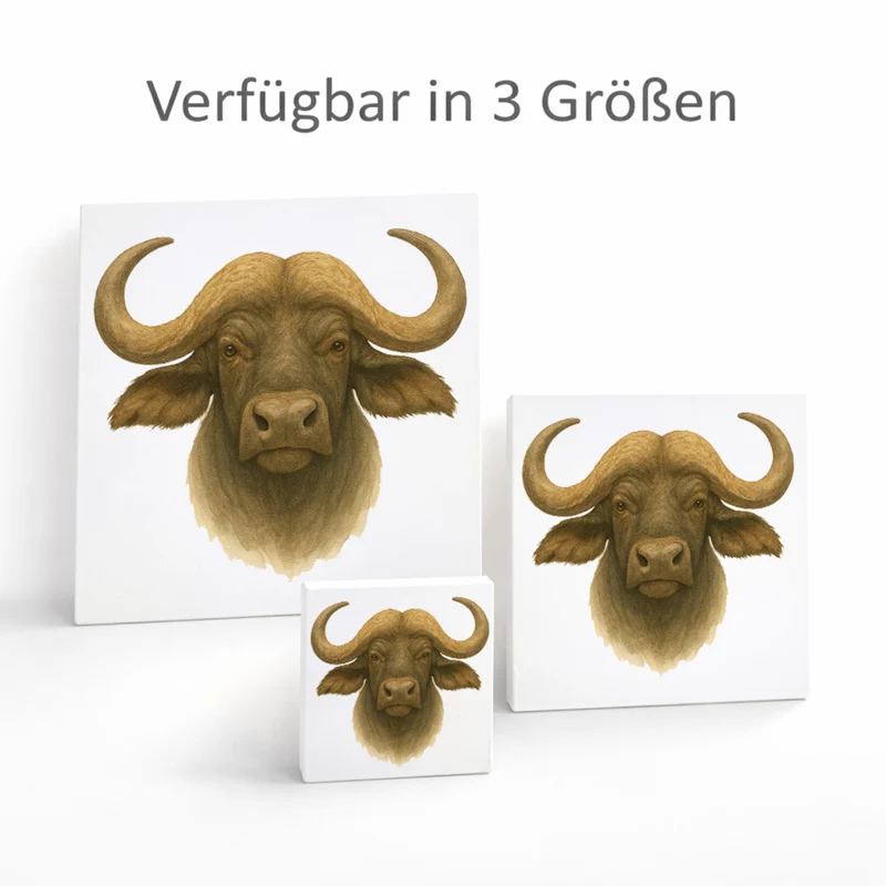 Safari Eleganz Büffelkopf Holzbild in 10x10 cm zum Stellen oder Aufhängen