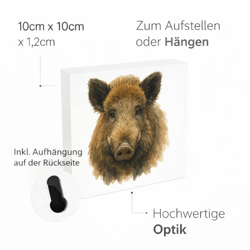 Wildes Herz Wildschweinkopf Holzbild in 10x10 cm zum Stellen oder Aufhängen
