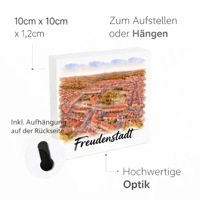 Freudenstadt Holzbild in 10x10 cm zum Stellen oder Aufhängen Luftbild Aquarell