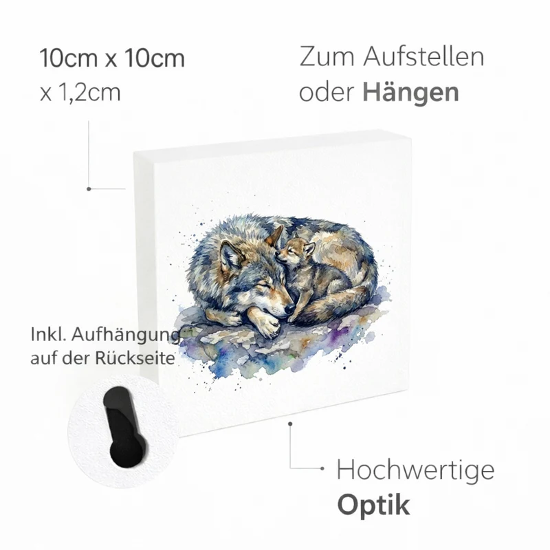 Wolfsrudel Wolf mit Welpe Holzbild in 10x10 cm zum Stellen oder Aufhängen