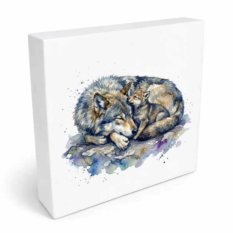 Wolfsrudel Wolf mit Welpe Holzbild in 10x10 cm zum Stellen oder Aufhängen