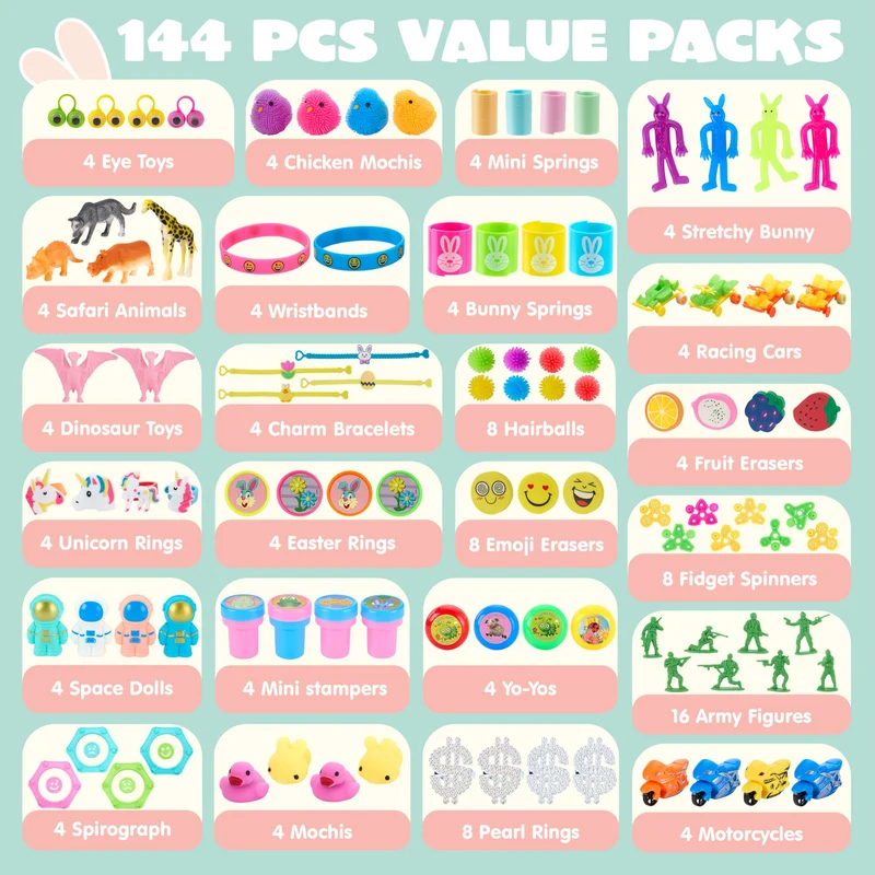 144 Pcs Prefilled Easter Eggs with Toys & Stickers for Egg Hunt, Party Favors & Classroom Prizes