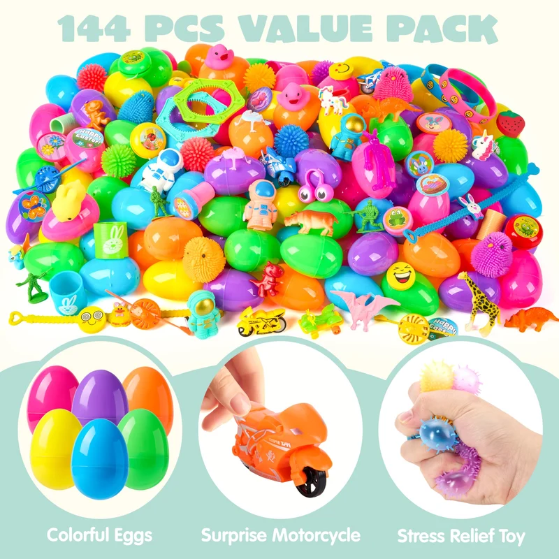 144 Pcs Prefilled Easter Eggs with Toys & Stickers for Egg Hunt, Party Favors & Classroom Prizes